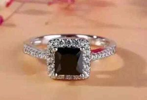 2.10 Ct Princess Cut Lab Created Onxy Engagement Ring 14K White Gold Plated - Picture 1 of 6