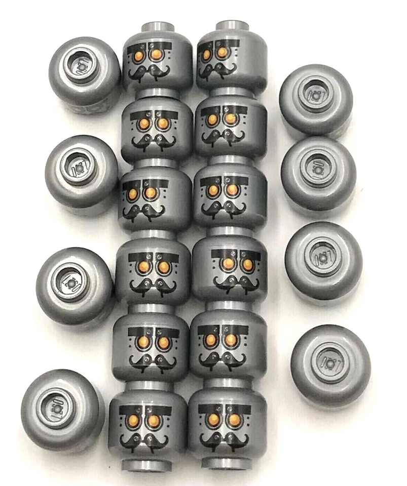 Lego 20 New Flat Silver Minifigure Head Alien with Robot Yellow Eyes and Curly  - Image 1 of 1