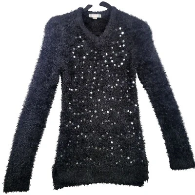 Piper Girls Sweater L 10-12 Black Sequins Shag Fuzzy Long Sleeve Knit V Neck - Image 1 of 4
