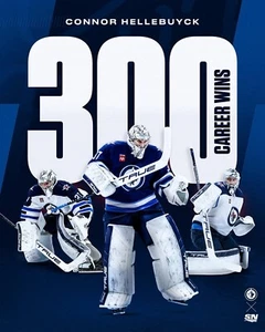 Foto de hockey Connor Hellebuyck 300 victorias profesionales collage Winnipeg Jets 8x10 NHL - Imagen 1 de 1
