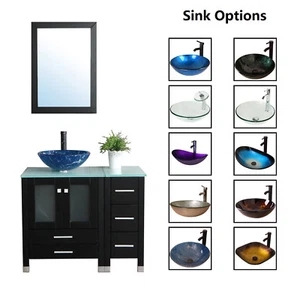 36" Bathroom Vanity Cabinet & Tempered Glass Vessel Sink Bowl Faucet Drain Combo - Picture 1 of 88