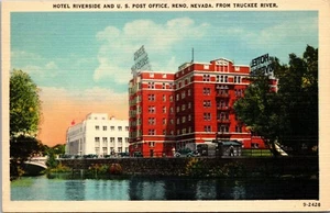 Vtg Reno Nevada NV Hotel Riverside and US Post Office 1930s Linen Postcard - Picture 1 of 2