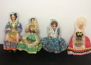 Vintage Folk Art Plastic Doll W/Cloth Hand Painted Faces 6.5” Lot Of 4 Dolls - Picture 1 of 11