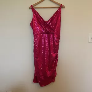 GRACE KARIN Hot Pink Sexy Sequin Sparkly Surplice Ruched Party Club Dress Sz L - Picture 1 of 14
