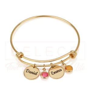 Personalized Bangle Charm Custom Bracelet with Names and Birthstones Woman Gift - Picture 1 of 5