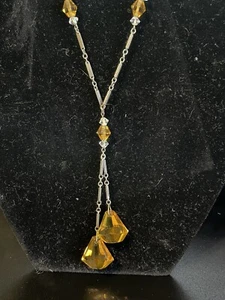 Collana Vintage Antica Ceca 1920 Art Decò Oro Cristallo Chiaro Lariat Argento Y - Foto 1 di 12