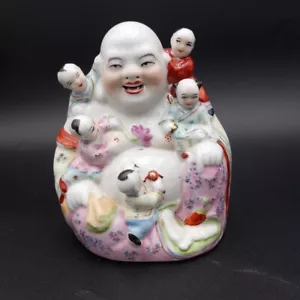 Vintage porcelain laughing Chinese Buddha 5 babies Fertility/Family lotus flower - Picture 1 of 6
