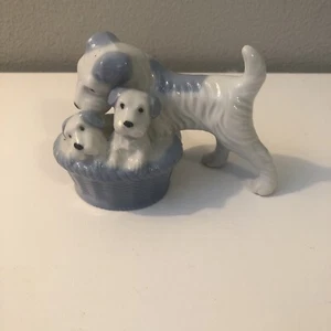 Terrier Dog And her basket of puppies blue and white figurine Japan Vintage - Picture 1 of 8