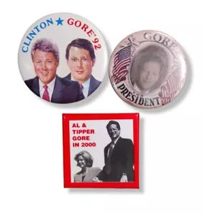 Lote de 3 pines de campaña electorales Bill Clinton Al Tipper Gore - Imagen 1 de 4