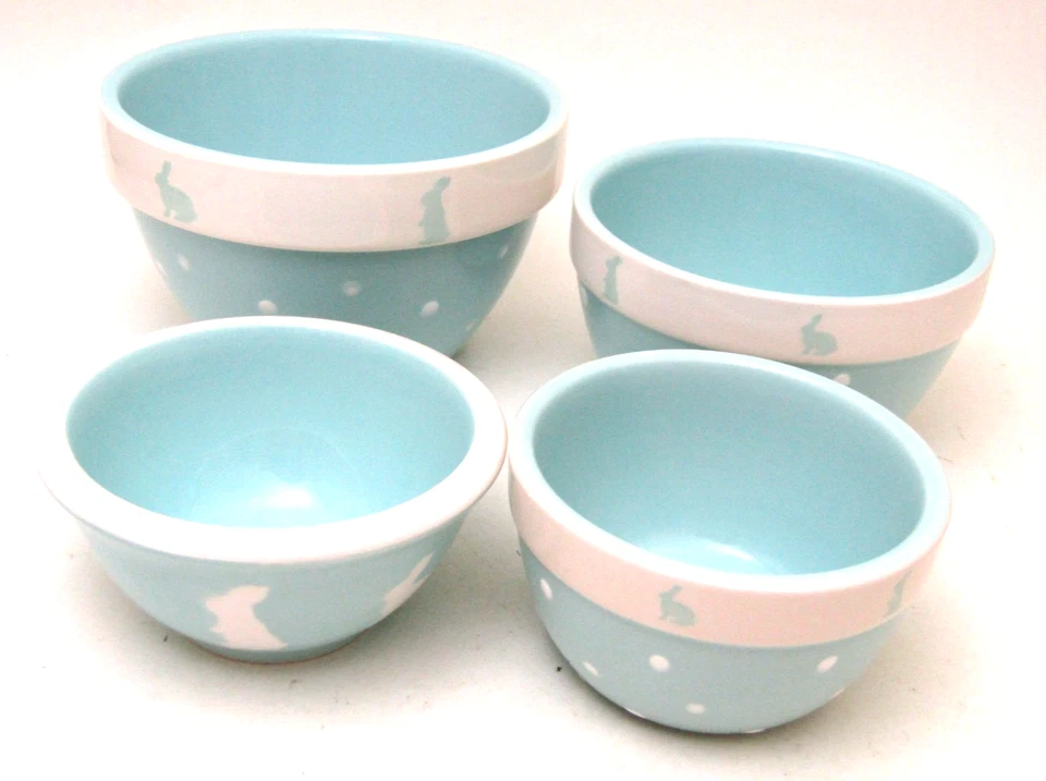 TERRAMOTO 3 Cuencos de Anidación Cerámica Azul Conejo Borde Blanco y Lunares Foto 1 de 4