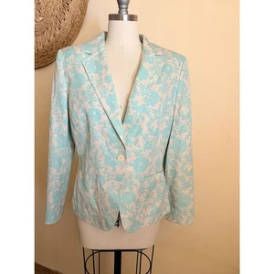 Casual Corner Aqua Damask Floral Blazer Women’s 8 Pastel Spring Silk Jacket  - Picture 1 of 7