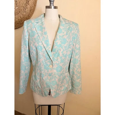 Casual Corner Aqua Damask Floral Blazer Women’s 8 Pastel Spring Silk Jacket  - Image 1 of 4