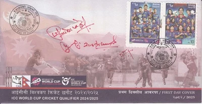Nepal 2025 ICC Copa Mundial de Cricket Clasificatorio Autoadhesivo 2v FDC con Autografiado Foto 1 de 3