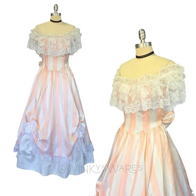 Vestido Princesa Gunne Sax Rosa Blanco Rayas Talla S 9 Encaje Satinado Vintage Años 80 Foto 1 de 4
