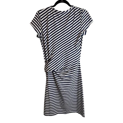 J McLaughlin темно-синий белая полоса вязаный галстук талии короткий рукав миди платье M - Изображение 1 из 4