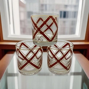 Vintage MCM Georges Briard Low Ball Rocks Glasses Red Ribbon X Signed Set Of 3 - Picture 1 of 8