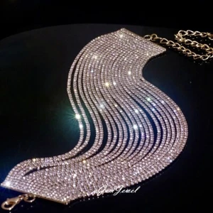 18k Gold Plated Multi-chain Choker Necklace made w Swarovski Elements Crystal - Picture 1 of 23