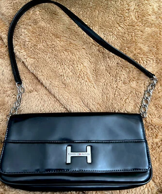 Tommy Hilfiger Black  Clutch Top Handle Bag Purse With Silver Chain Handle. Logo - Image 1 of 4