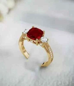 3.00Ct Cushion Cut Lab Created Red Ruby Engagement Ring 14K Yellow Gold Plated - Picture 1 of 6