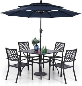 6 Piece Patio Furniture Set with Umbrella Outdoor Stackable Chairs Dining Table