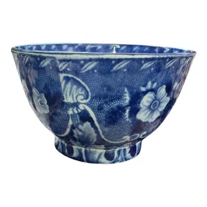Antica tazza da tè Staffordshire ceramica blu transferware - motivo floreale e conchiglia - Foto 1 di 9