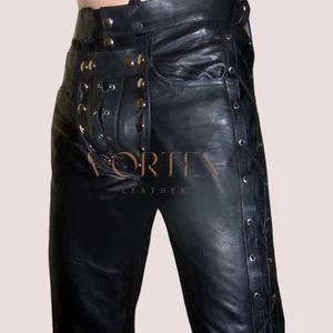 Mens Black Leather Pant Genuine Lambskin Leather Pant Lace Up style Leather Pant - Picture 1 of 2