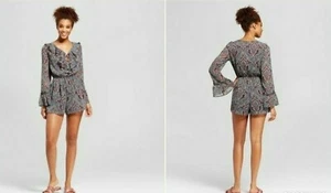 NWT Juniors Xhilaration Paisley Lace Up Long Sleeve Romper Burgundy Size XS & S - Picture 1 of 4