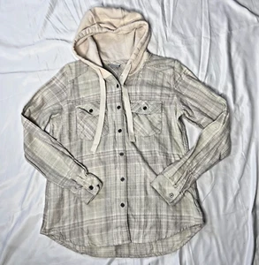 COLUMBIA Women's Gray/Ivory BUTTON DOWN Shirt With Hood 100% COTTON -Size Medium - Picture 1 of 13