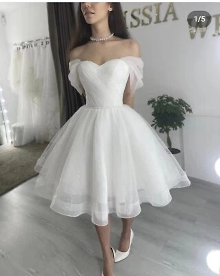 Knee length Elopement wedding dress Casual sparkle Off shoulder white skirt - Image 1 of 4