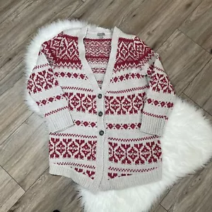 J. JILL Fair Isle Cardigan Shimmer Sweater 3 Button Wool Yak Red Beige Small Pet - Picture 1 of 7