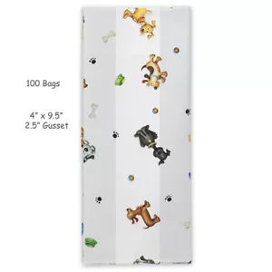 100 Dog Days Cello DOG Treat Bags w/Silver Twist Ties -- 4" x 9.5" x 2.5" - Picture 1 of 3