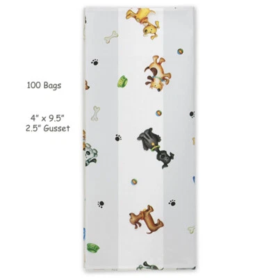 100 Dog Days Cello DOG Treat Bags w/Silver Twist Ties -- 4" x 9.5" x 2.5" Foto 1 de 3
