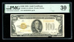 DBR 1928 $100 Gold Certificate Fr. 2405 PMG 30 Serial A01624859A