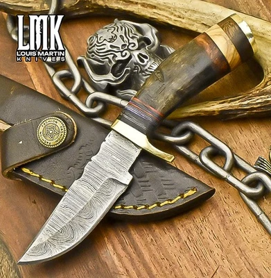 Cuchillo desollador de caza forjado a mano LMK hecho a mano torcido cuerno de carnero de Damasco caza Foto 1 de 4