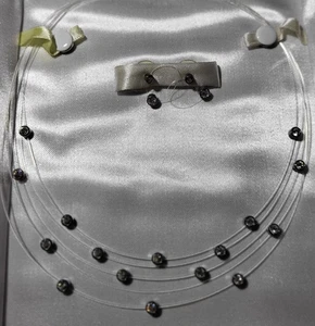 5 Fish Line Necklace w/16 Floating Sterling Silver Cubic Zirconias /Earrings Set - Picture 1 of 4