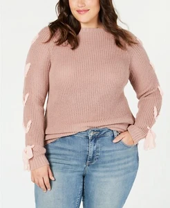 $89 Say What? Women'S Pink Scoop Neck Lace Up Sleeve Casual Knit Sweater Size 1x - Picture 1 of 2