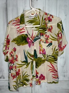RAYA SUN CROPPED CRINKLE COTTON PINK FLORAL TROPICAL BUTTON UP HAWAIIAN SHIRT M - Picture 1 of 11
