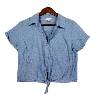Delia's Juniors Blue Chambray Short Sleeve Button Up Waist Tie Crop Top Sz M - Imagem 1 de 3