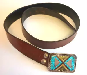 Cintura in pelle con fibbia intarsiata pietra turchese sterling nativi americani con timbro freccia - Foto 1 di 9