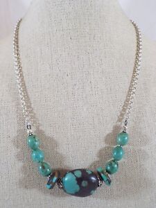 Sterling Silver Turquoise Stone Beads Chain Necklace 18"-21" Long