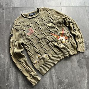 Men's Ralph Lauren Knitted Cotton Olive Birds Sweater Size L