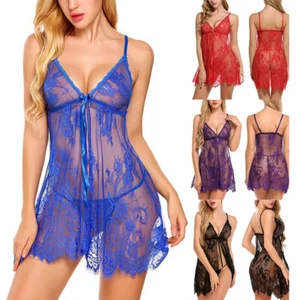 Women Sexy Lingerie Halter Lace Babydoll Nightwear V Neck Teddy Sleepwear ⚝ - Picture 1 of 28