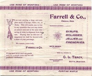 1885 Farrel & Co produzieren / Lebensmittel Preisliste Bestellformular Butte MT rar - Bild 1 von 5
