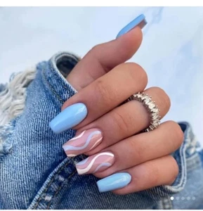 24Pcs Coffin Full Cover Press On Nails Ballerina Wearable False Sky Blue 💙🩷 - Picture 1 of 8