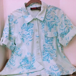 Y2K Cassini Oleg Cassini Linen Floral Blouse Sz-L Pocket Short Roll-Tab ButtonUp - Picture 1 of 10