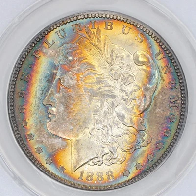 Dólar de plata Morgan 1888 $1 ANACS MS62 - Encantador tono pestaña arco iris Foto 1 de 4
