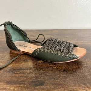 Free People Beaumont Woven Flats 6 Sandals Raffia Leather Ankle Wrap Open Toe - Picture 1 of 12