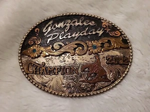 Vintage 2002 Gonzales Texas Playday Rodeo CHAMPION Belt Buckle Silver & Gold - Picture 1 of 6