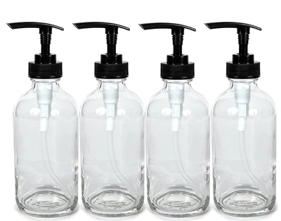 , 4, Large, 8 Oz, Empty, Clear Glass Bottles with Black Lotion Pumps - Image 1 of 4