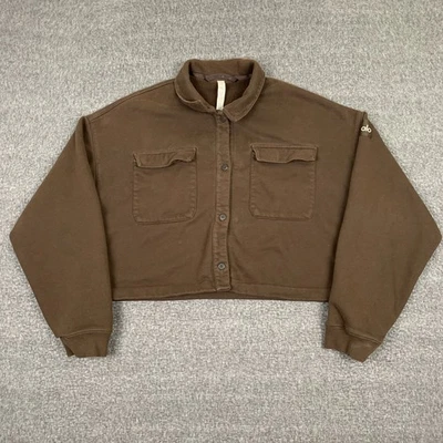 Alo Yoga Renown Cropped Button Up Sweatshirt Womens M Brown Boxy Fit Collar Neck - Image 1 of 4